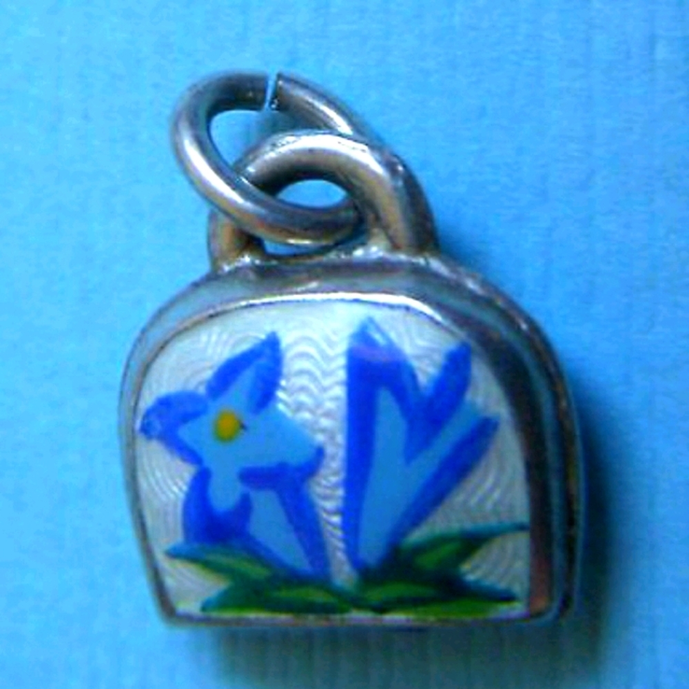 EDELWEISS COW BELL ENAMEL STERLING SILVER CHARM VINTAGE 1950